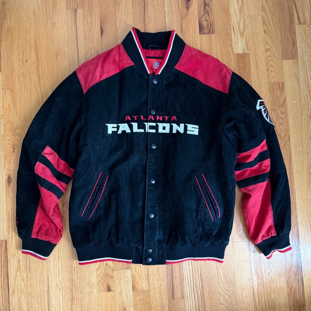 Atlanta Falcons G-III Leather Jacket Large Black Red NFL Suede Varsity Y2K